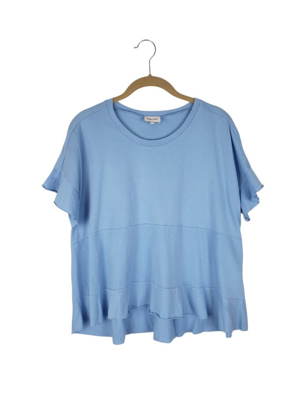 Bimba Y Lola Ruffle Short Sleeve Cotton Tee Boxy Light Blue Womens Medium